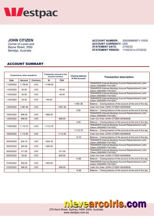 Australia Westpac bank statement